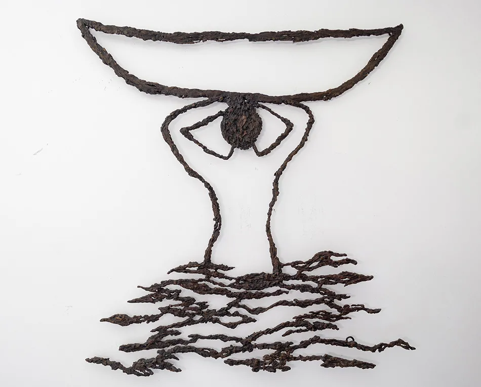 ‘Woman with a Boat’, cast bronze, 103×112×3cm, 2019. ‘Jar of Stars’, oil on wood, 37×42×0.5cm, 2007.
